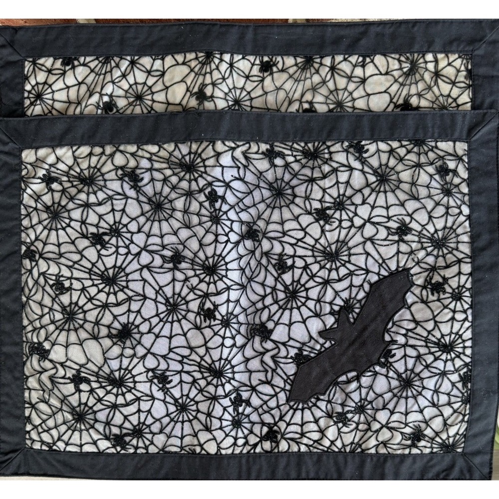 HALLOWEEN BLACK GRAY FLOCKED Bats PLACE MATS  set of 2 Glitter Spiderweb